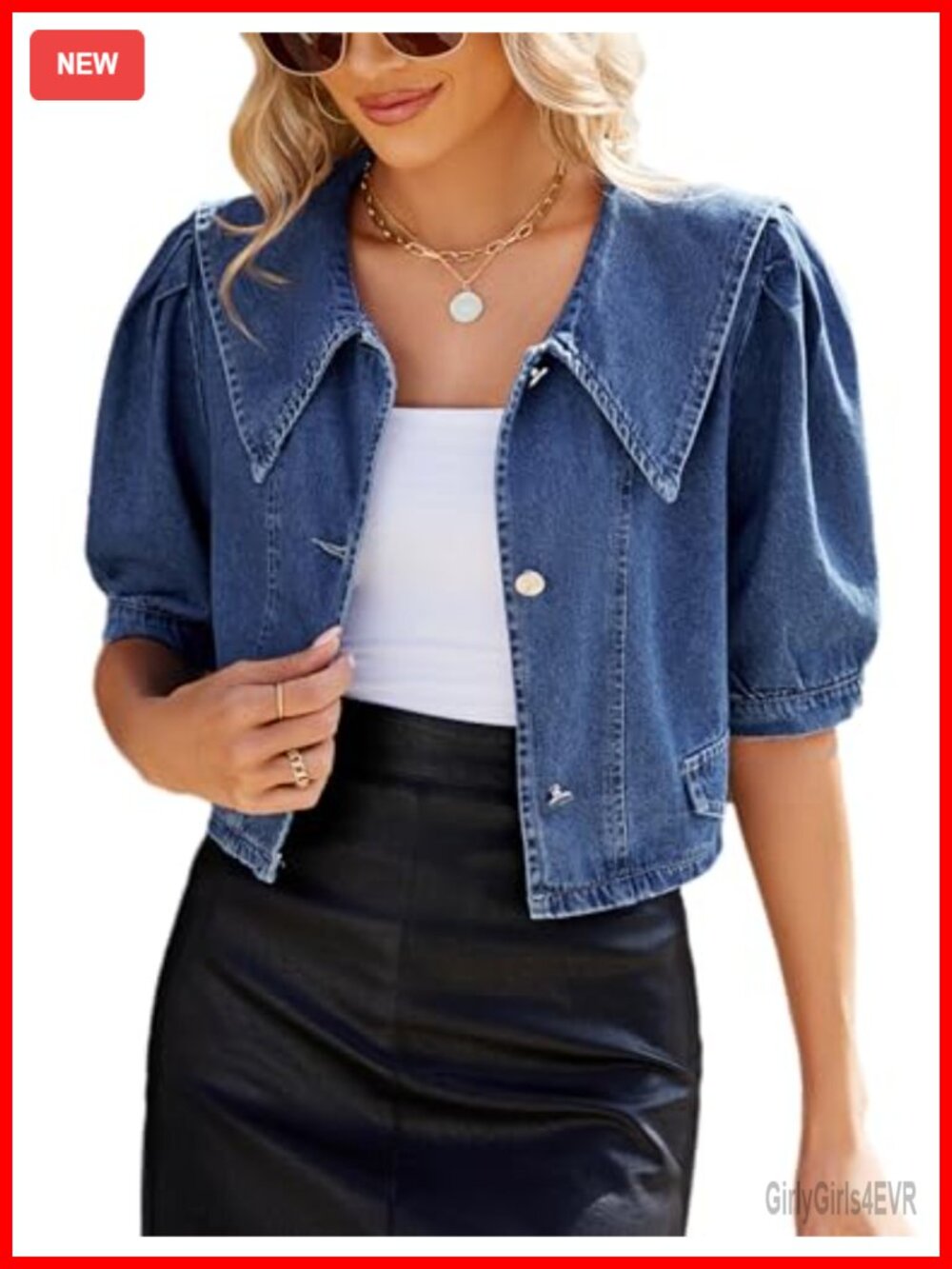 Women's Cropped Denim Jacket Short Puff Sleeve Button Down Jean Jacket